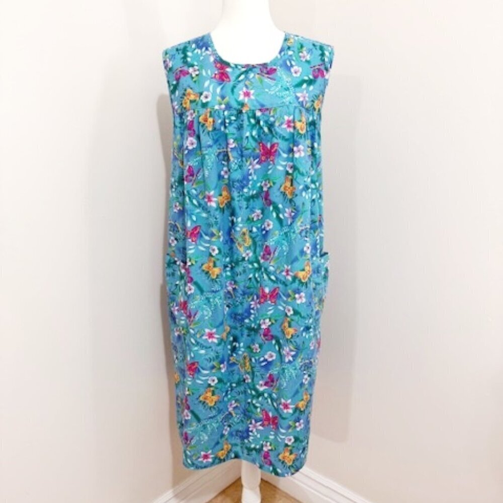 Vintage National Muumuu House Dress Sleeveless Pockets Blue Floral Women's Lrg